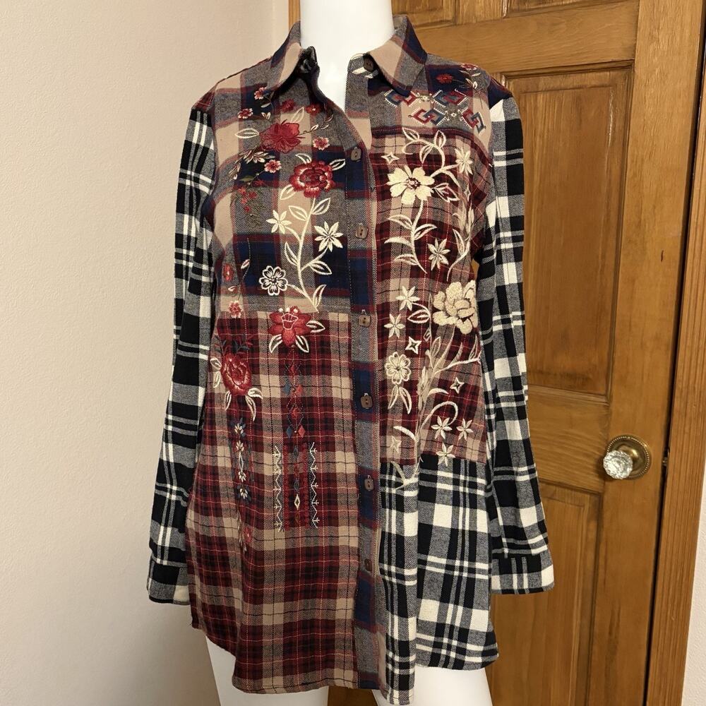 John Mark Embroidered Long Sleeve Plaid Flannel Shirt Size XS Embellished
